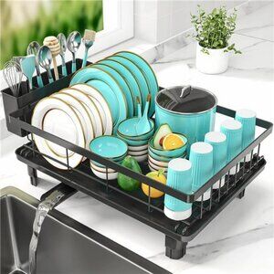 Black Dish Drying Rack Kitchen Counter Rustproof Utensil Holder Space Saver